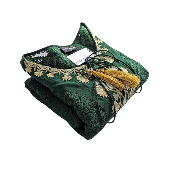 NWT HEMANT & NANDITA Viridian Aari Zardozi Metallic Embroidered Tassel Caftan L - Picture 10 of 10